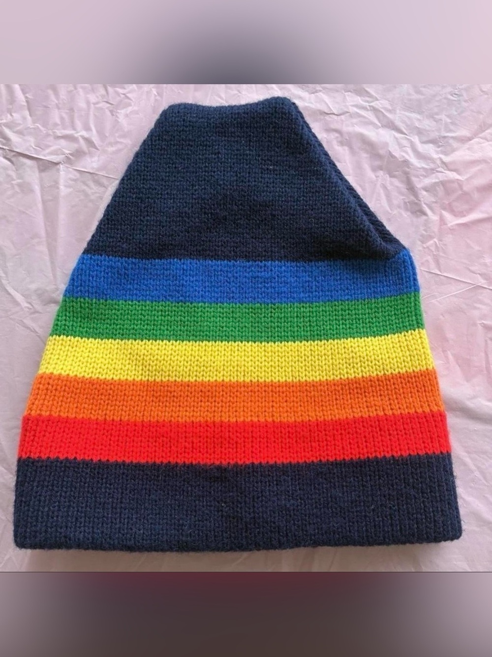 Beanie Vintage Rainbow Navy Blue Stripe Knit Beanie Retro 70s Sz One Size/ Small